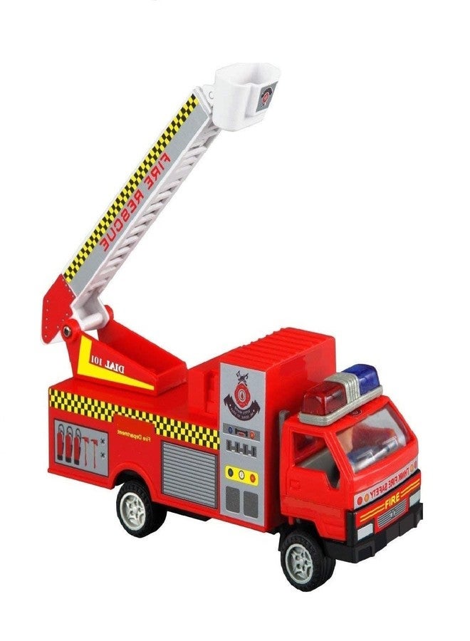 FLYmart Rescue Transport Fire Brigade Truck: Durable Quality with Pull Back Function, Metal Look and Heavy-Duty Plastic - 1:50 Scale Movable Ladder Truck for Kids (Set of 1) - Image 1